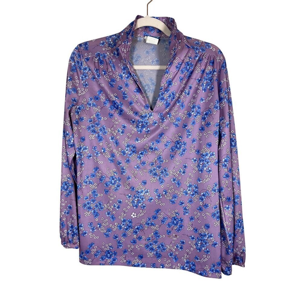 Retro Floral Top M‎ Purple Mod Boho Western Classic Chic Artsy Folk Hippie Indie